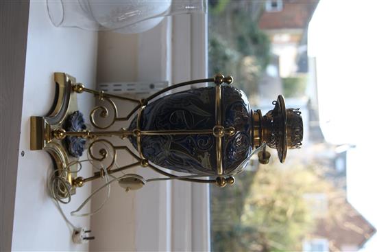 Mark V. Marshall for Doulton Lambeth- a stoneware oil lamp circa 1882, height to oil lamp fitting 42cm, excluding glass shade and chimn